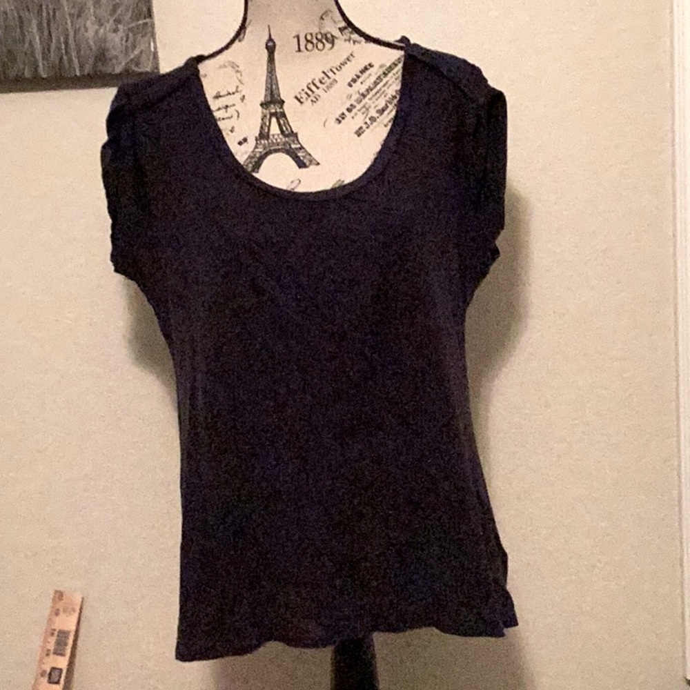 FOR THE REPUBLIC SZ XL Women's Navy Blue Top roll tab short sleeves textured EUC